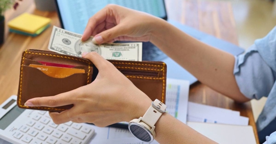 Hand picking up banknotes from wallet